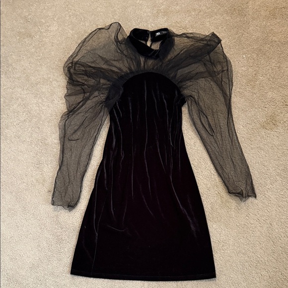 Zara Black Soft Velvet Dress with Sheer Sleeves - Picture 1 of 7